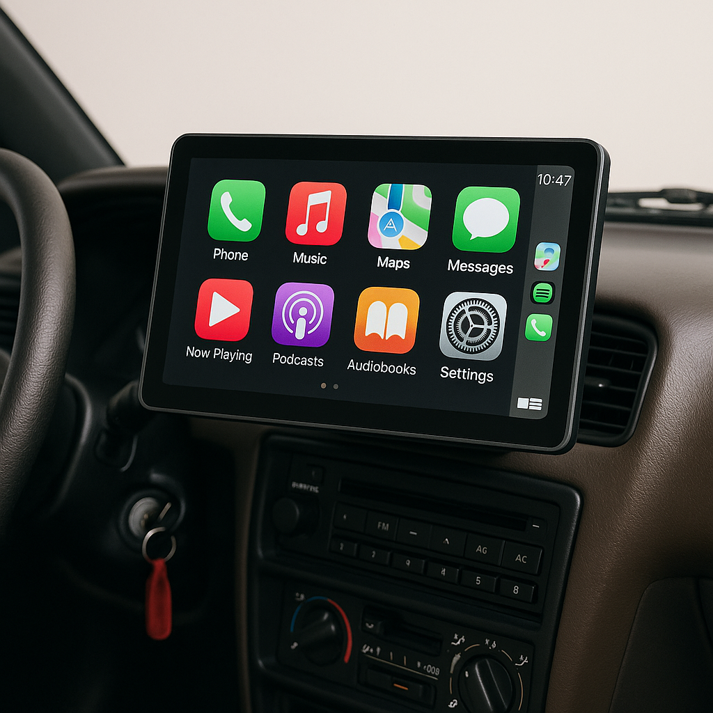 Wayglass screen beside the dashboard mount, suction mount, power adapter, and AUX cable