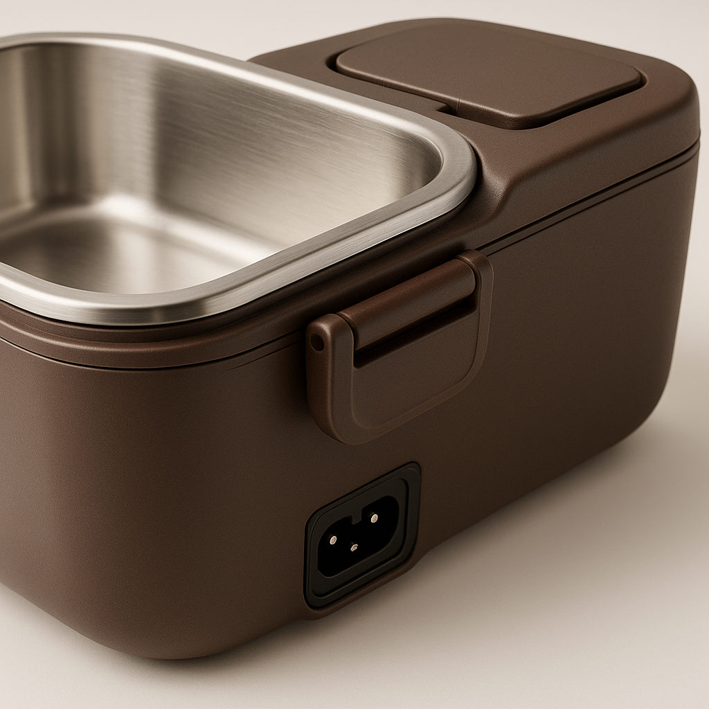 Open heated lunch box showing the removable 1.5 L stainless steel food tray