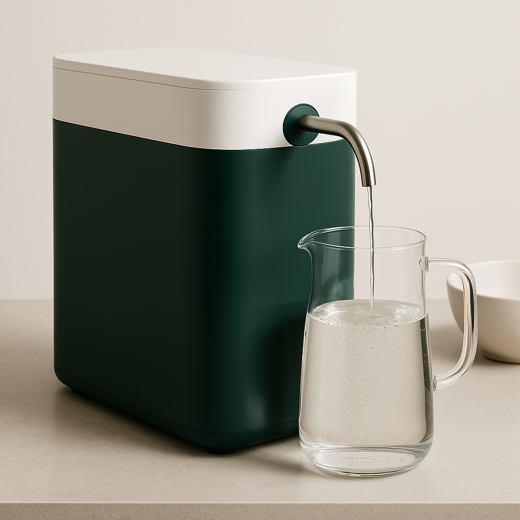 Rill C4 beside a kitchen sink, showing its 38.4 cm countertop width