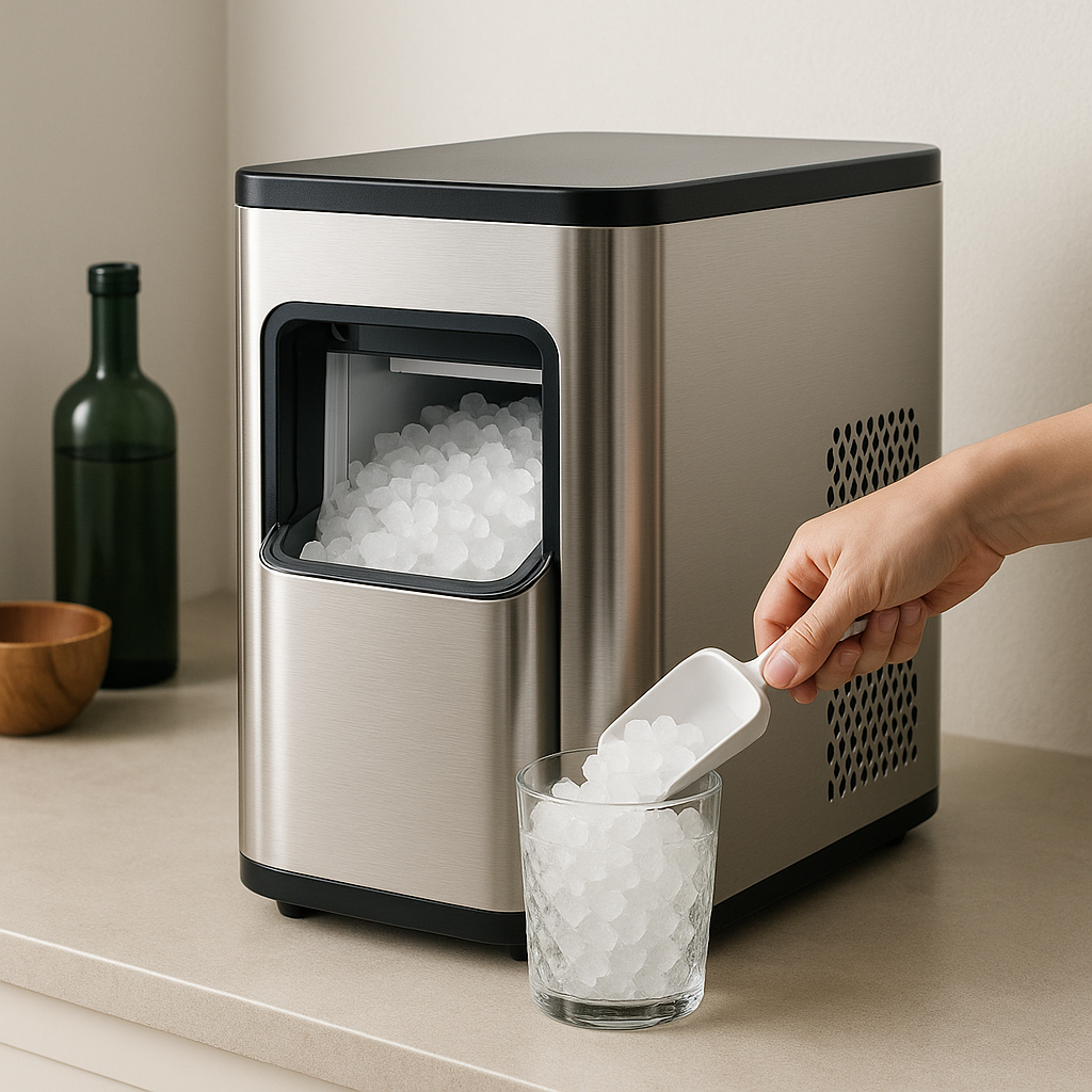 Soft nugget ice beside the removable 2.6 L water reservoir