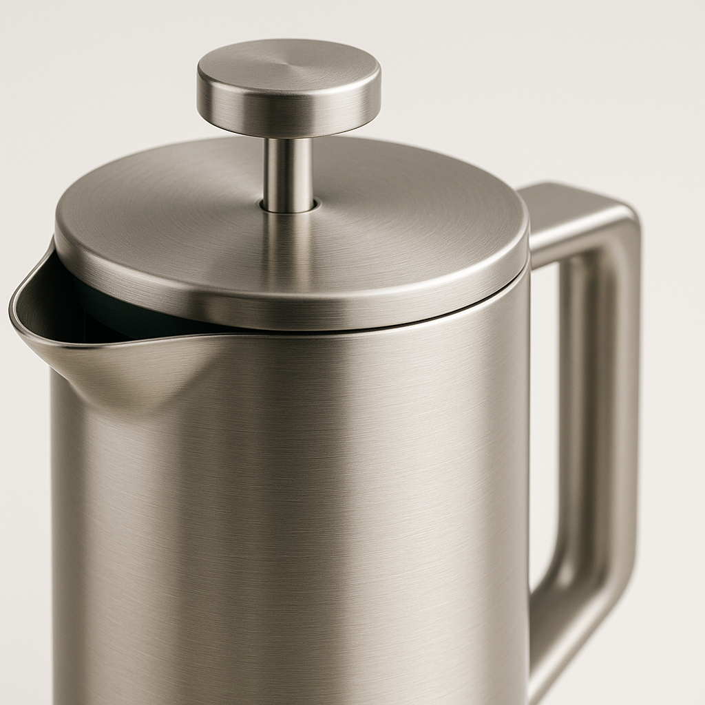 Open Quiet Press 900 showing the 800 ml brew line and wide 9.6 cm opening