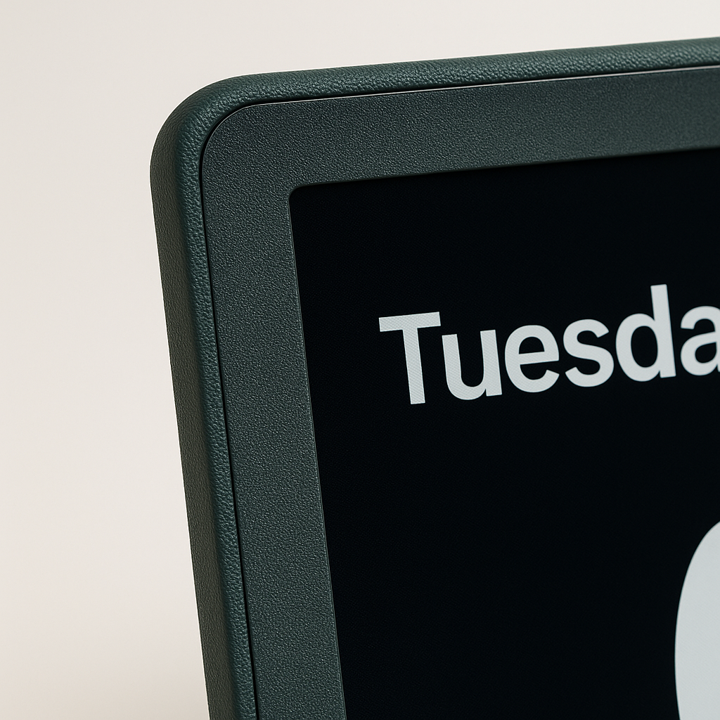 Rear of Now & Next 10 clock with folding stand, speaker, power port, and two wall-mount slots