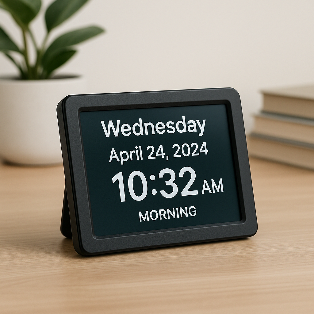 Now & Next 10 dementia clock displaying a full-screen lunch reminder beside its remote control