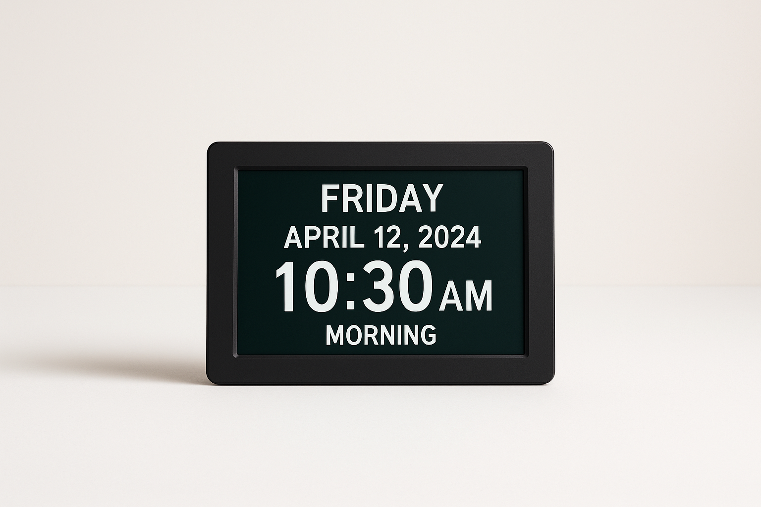 Orlowen Now & Next 10 dementia clock showing Monday morning, 9:42 AM, and the full date