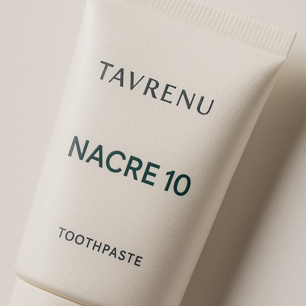 Pea-size amount of white Nacre 10 toothpaste on a soft toothbrush