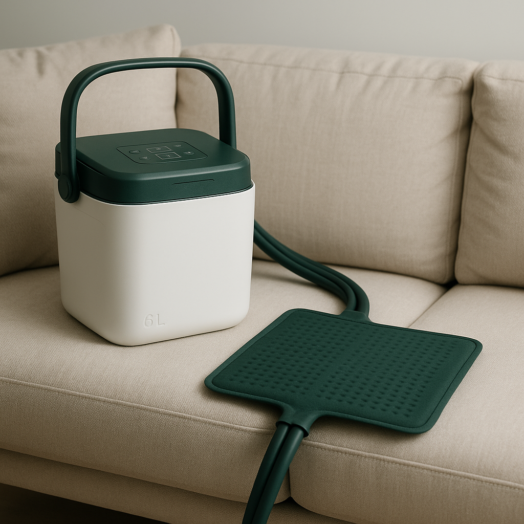 Lowtide 6 joint pad secured around an adult knee with two adjustable straps