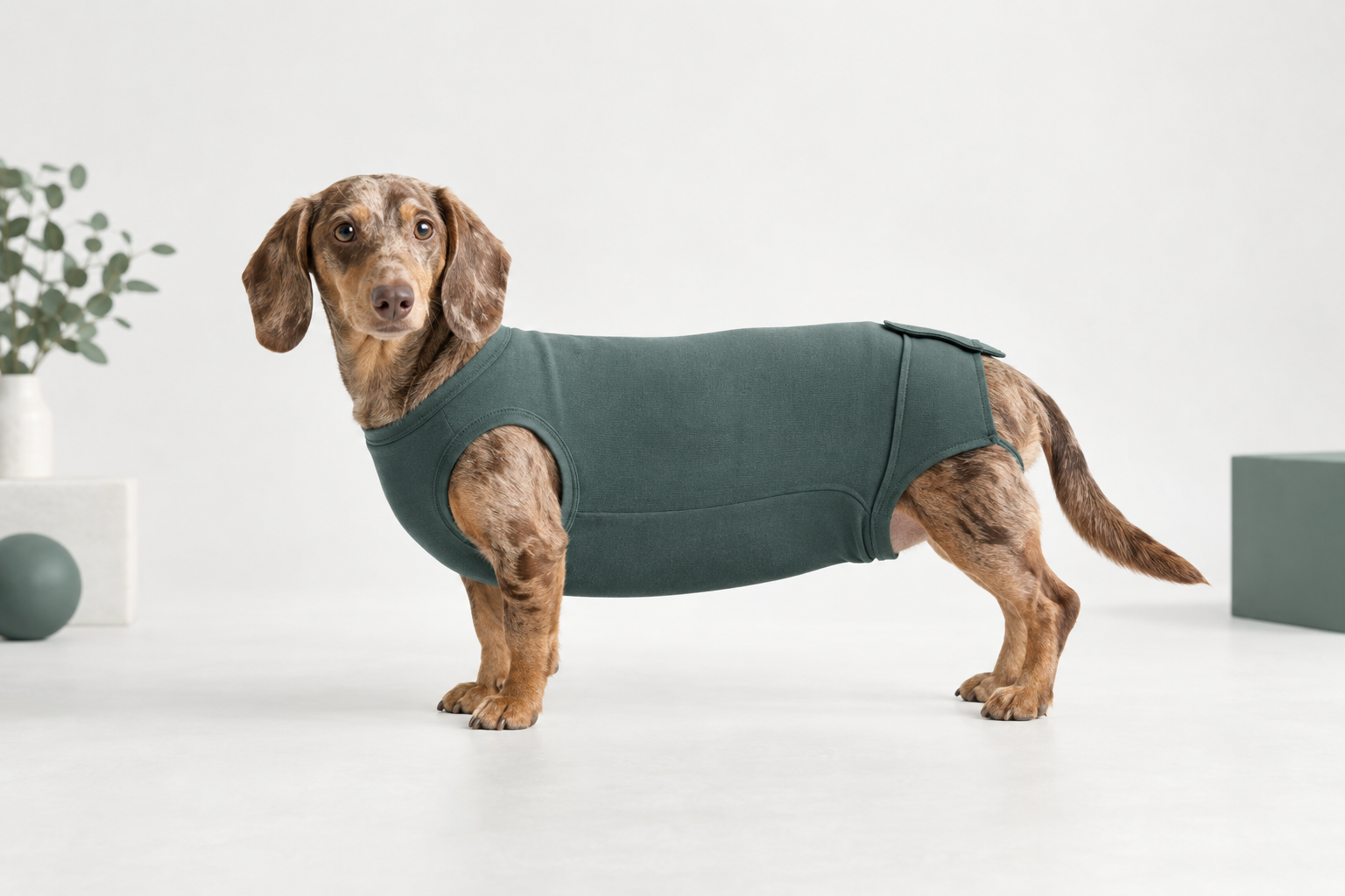 Side view of a long-backed, short-legged dog wearing the Neruvo Longbody Recovery Suit with sleeveless leg openings.