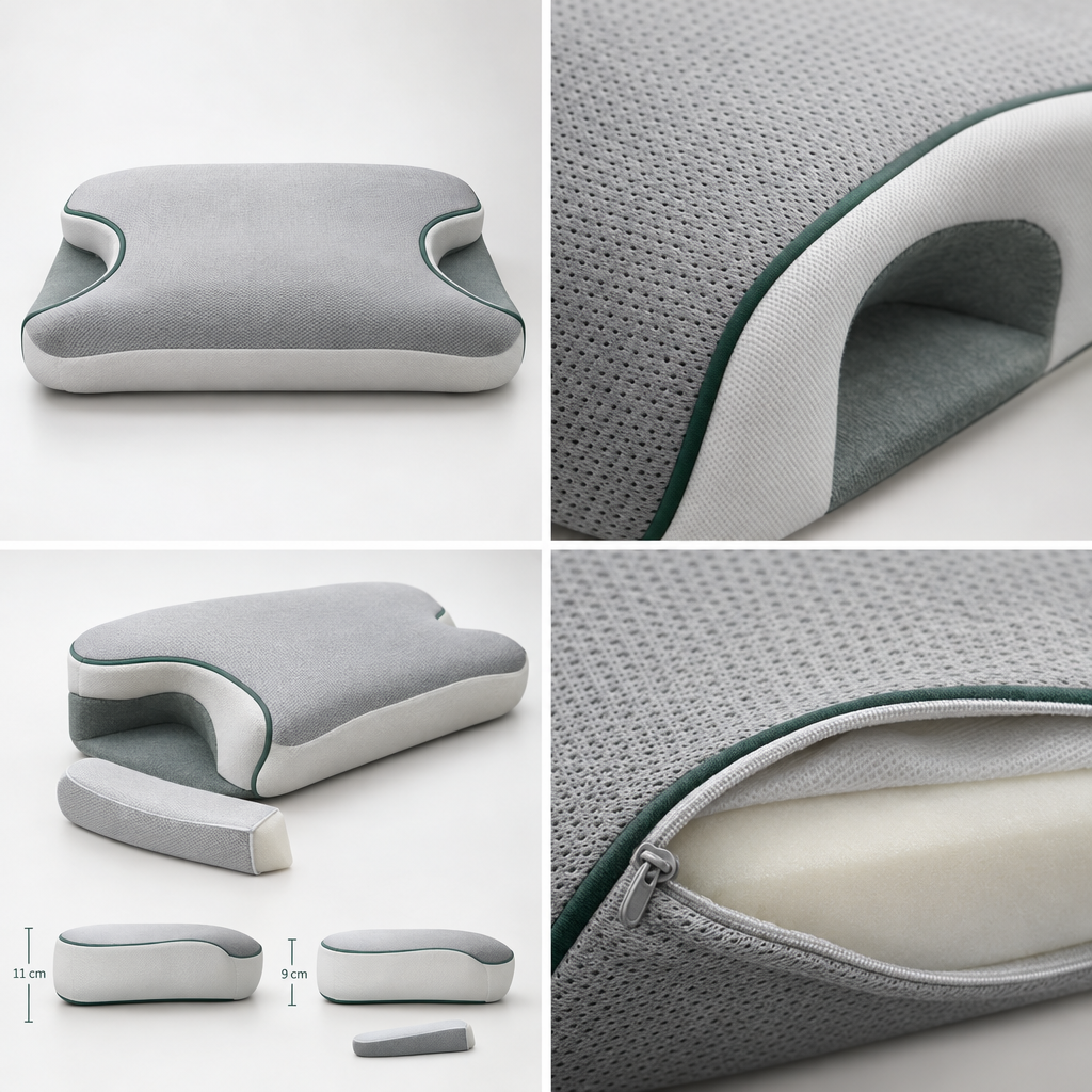 Top view of the 60 by 38 cm pillow showing two recesses, each 12 cm wide and 8 cm deep